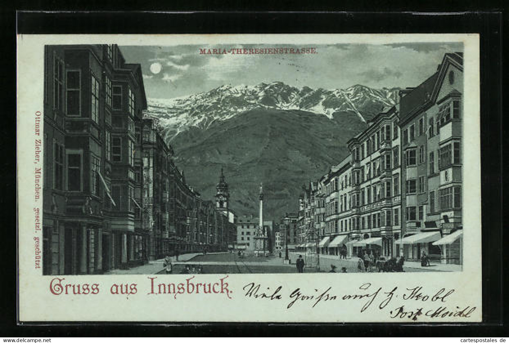 Mondschein-Lithographie Innsbruck, Strassenpartie Mit Passanten  - Altri & Non Classificati
