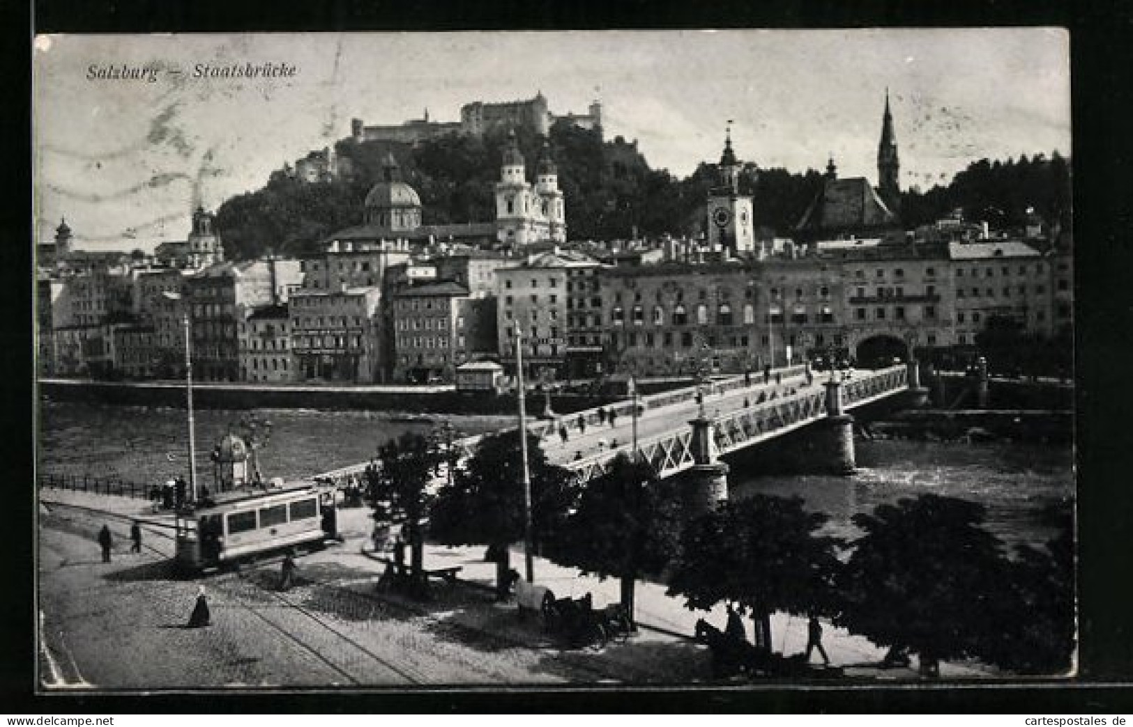 AK Salzburg, Staatsbrücke Mit Strassenbahn  - Tramways