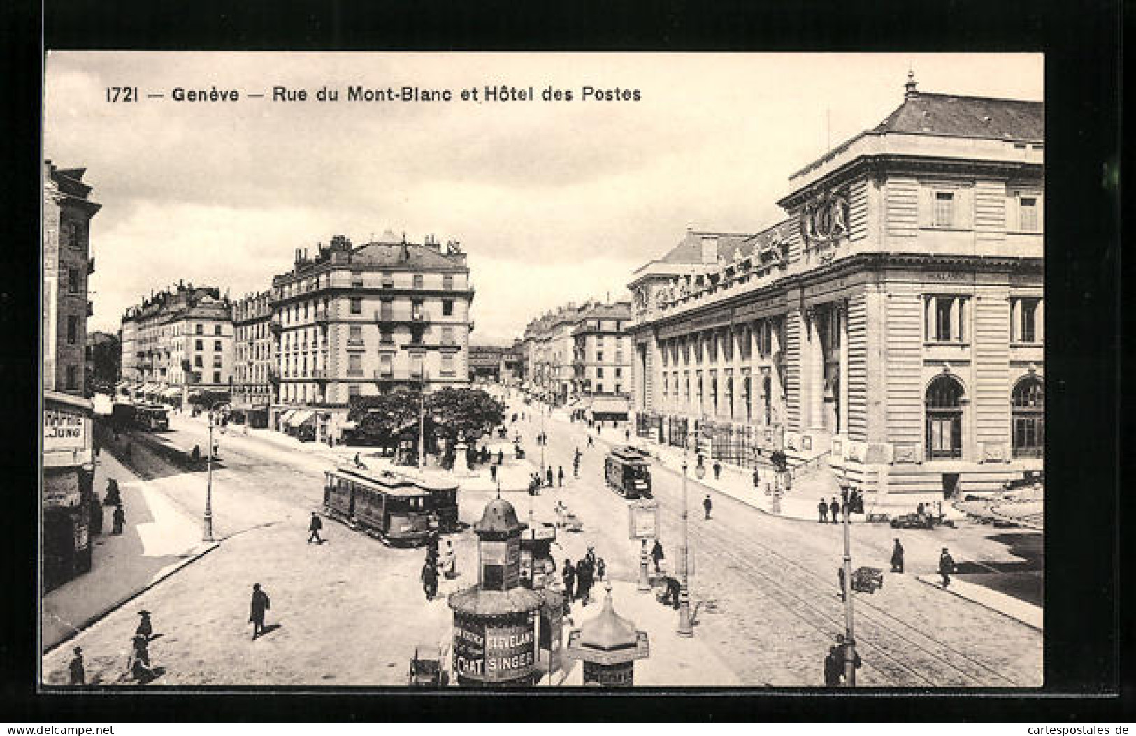 AK Geneve, Rue Du Mont-Blanc Et Hotel Des Postes, Strassenbahn  - Tramways