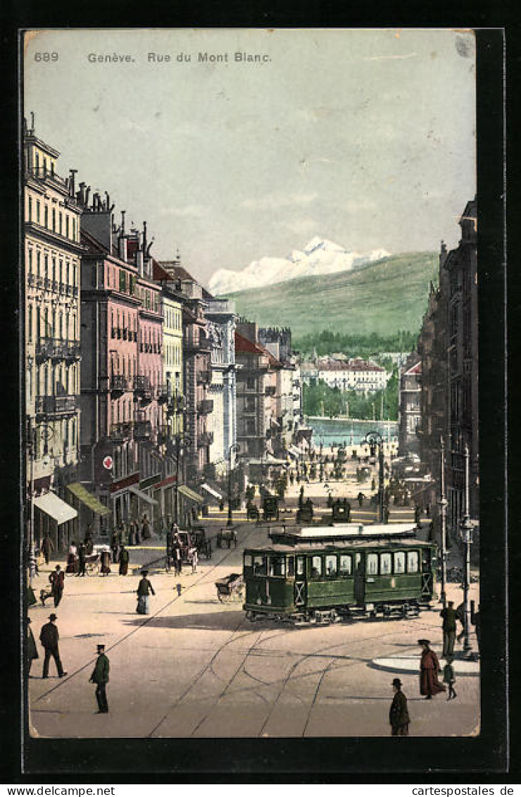 AK Genève, Rue Du Mont Blanc, Strassenbahn  - Strassenbahnen
