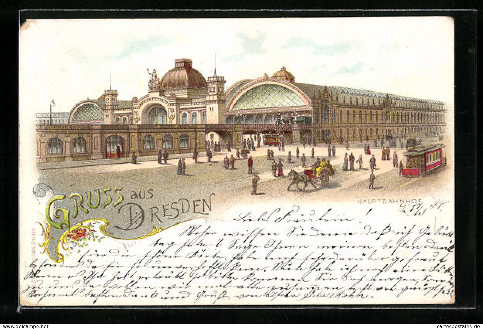 Lithographie Dresden, Passanten Vor Dem Hauptbahnhof Mit Strassenbahn  - Strassenbahnen