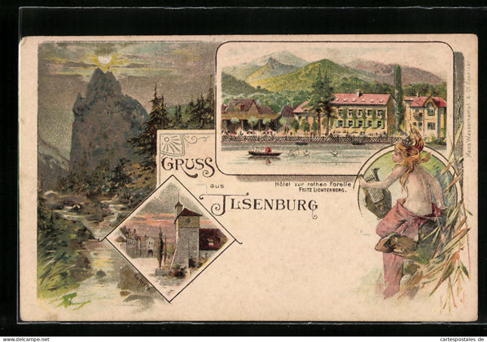 Lithographie Ilsenburg A. H., Hotel Zur Rothen Forelle, Schloss, Maid Mit Harfe  - Ilsenburg