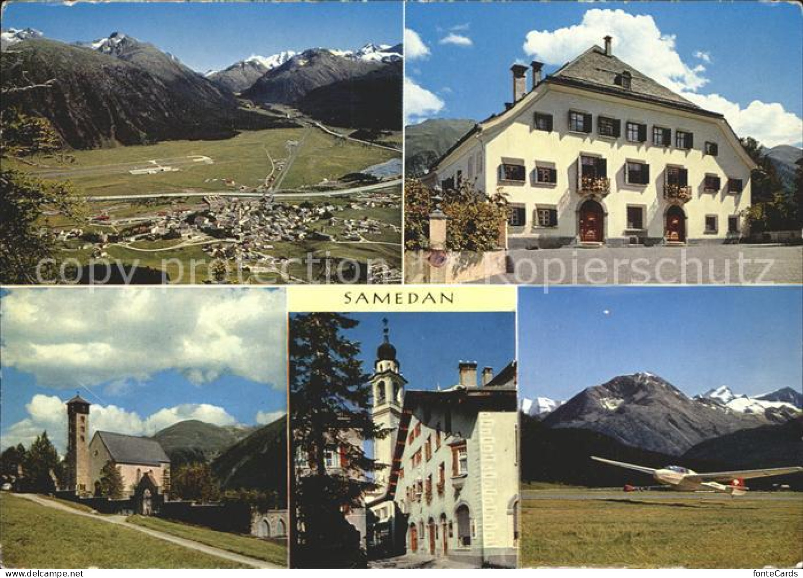 12257689 Samedan Panorama Berninagruppe Kirche San Peter Dorfpartie Segelflugspo - Autres & Non Classés