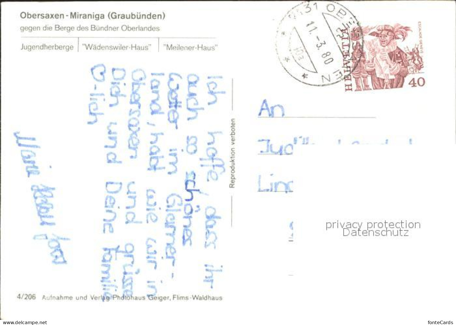 12219429 Miraniga Obersaxen Buendner Oberland Jugendherberge Waedenswiler Haus M - Autres & Non Classés