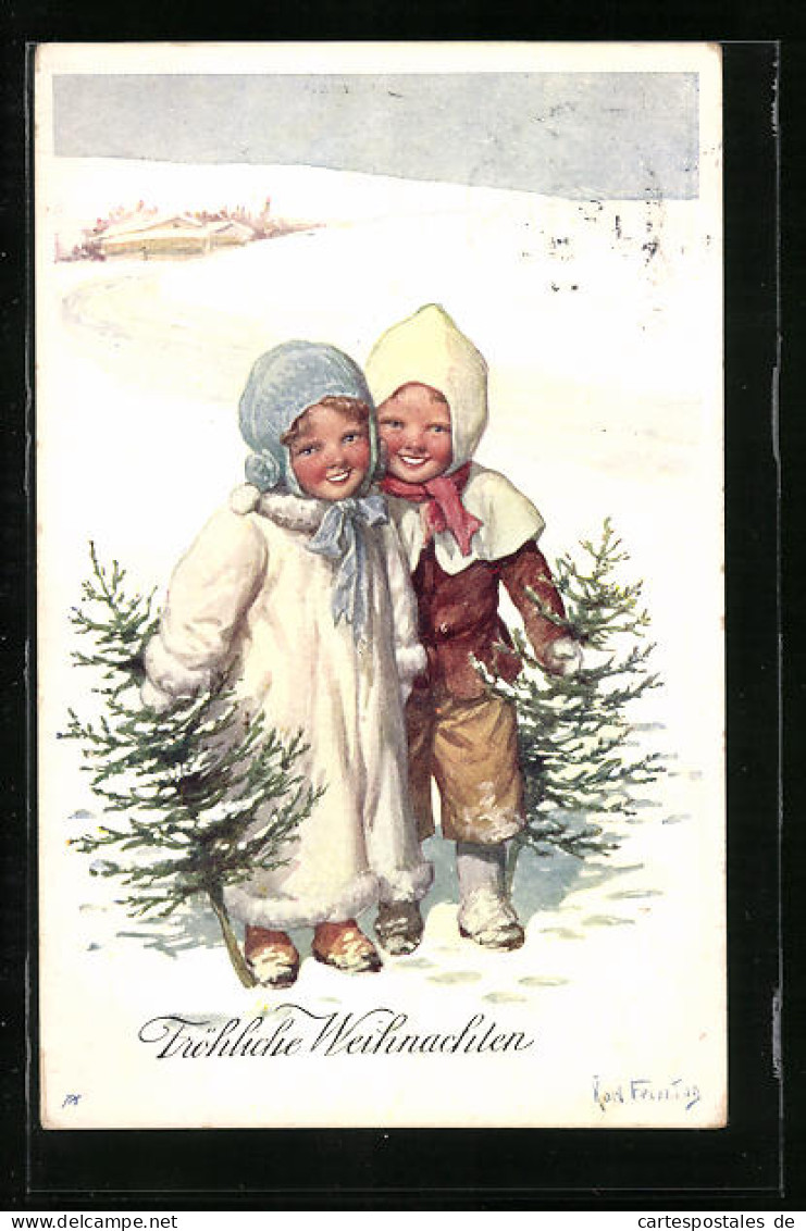 Künstler-AK Karl Feiertag: Mädchen Und Junge Im Schnee Mit Tannenbäumen  - Feiertag, Karl