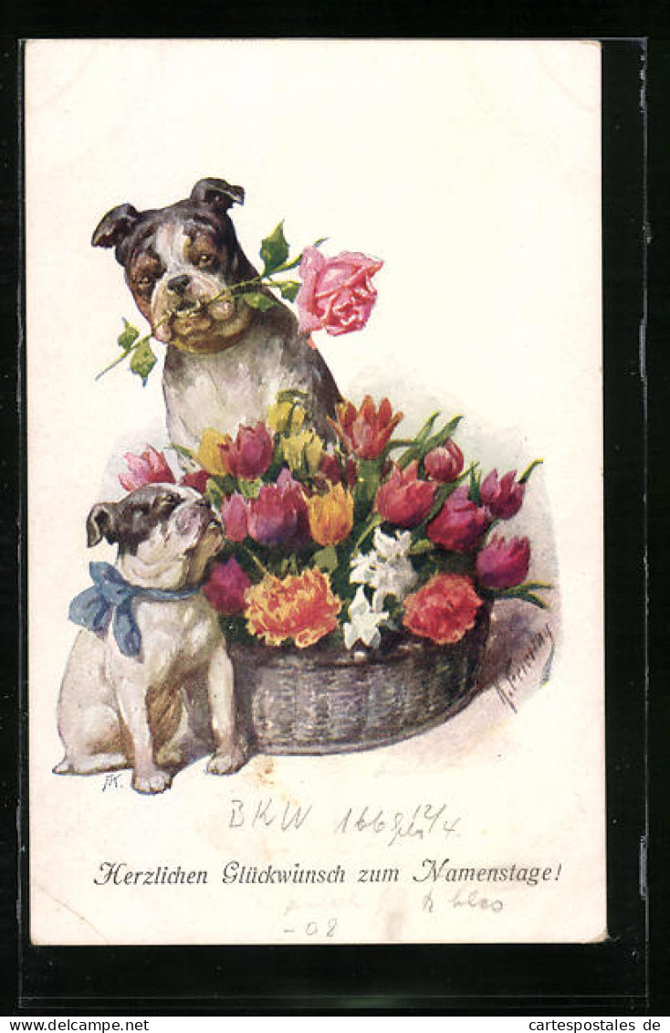 Künstler-AK Karl Feiertag: Bulldoggen Mit Einem Grossen Korb Voller Blumen  - Feiertag, Karl