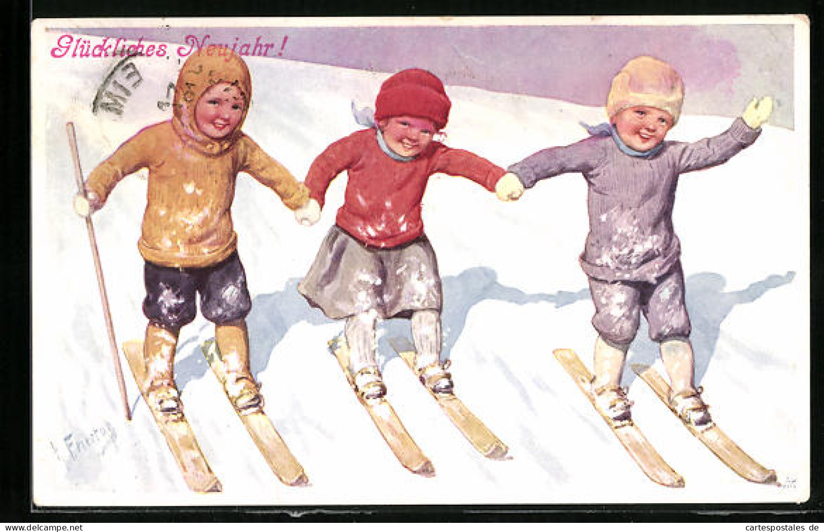 Künstler-AK Karl Feiertag: Drei Skifahrer Wünschen Glückliches Neujahr  - Feiertag, Karl