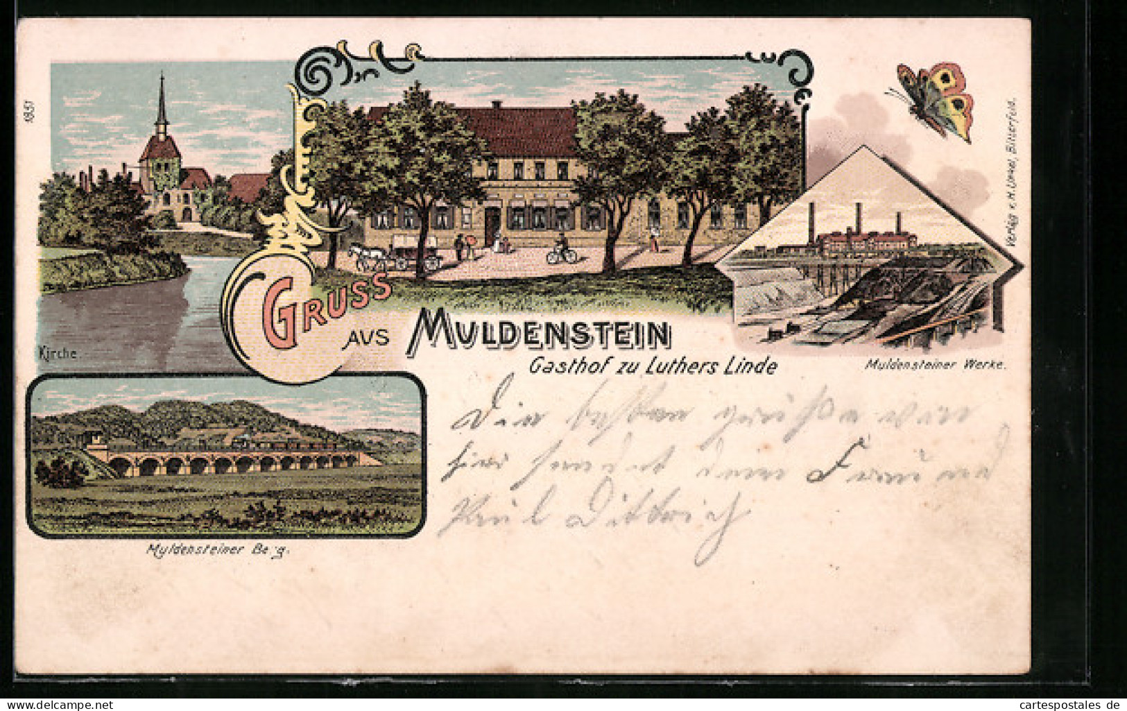 Lithographie Muldenstein, Gasthof Zu Luthers Linde, Muldensteiner Werke Und Kirche  - Andere & Zonder Classificatie