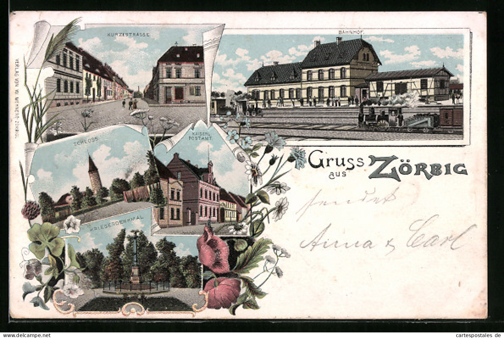 Lithographie Zörbig, Kurzestrasse, Bahnhof, Schloss, Kaiserl. Postamt Und Kriegerdenkmal  - Zörbig