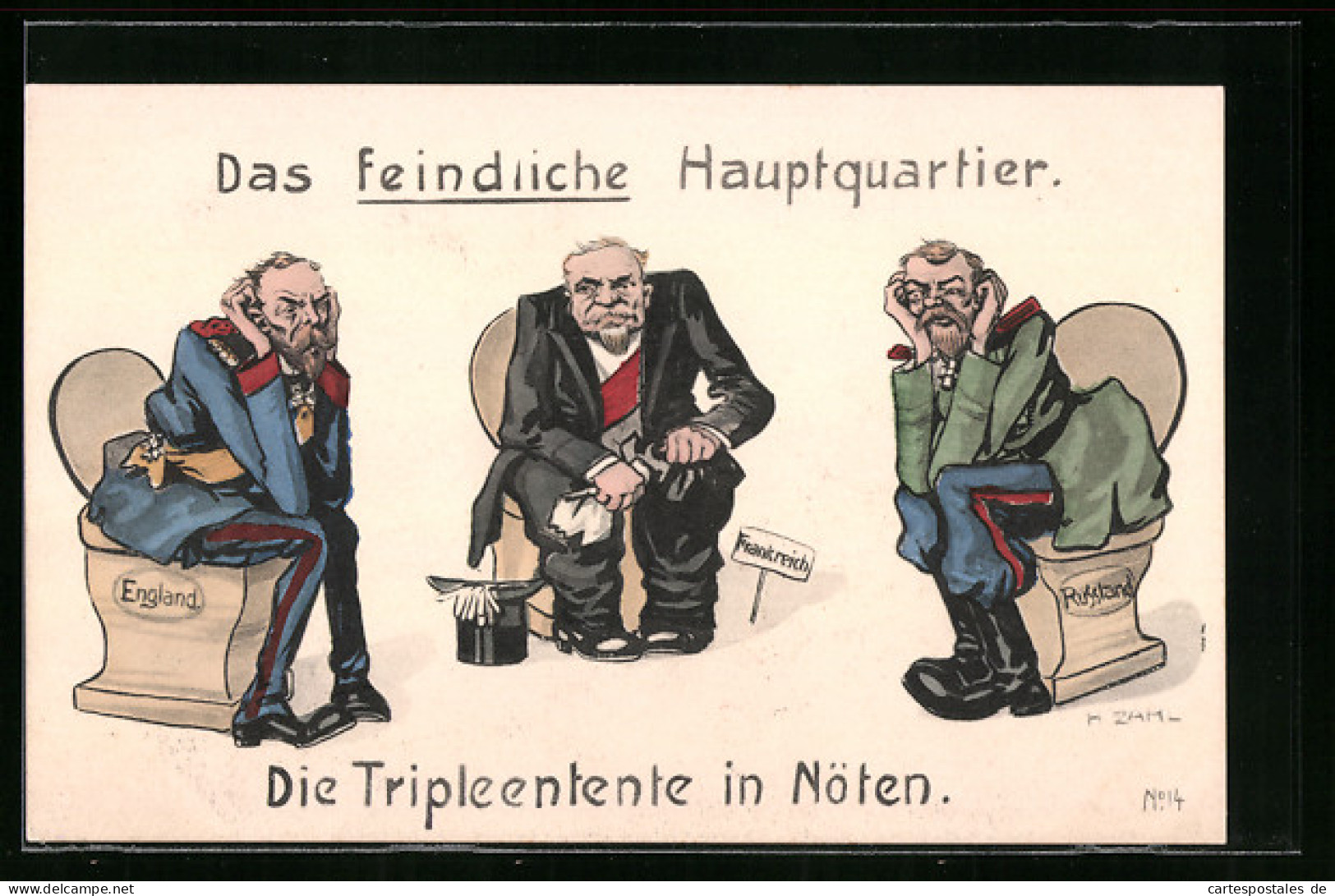 Künstler-AK H. Zahl: Das Feindliche Hauptquartier, Die Tripleentente In Nöten, Propaganda 1. Weltkrieg  - War 1914-18