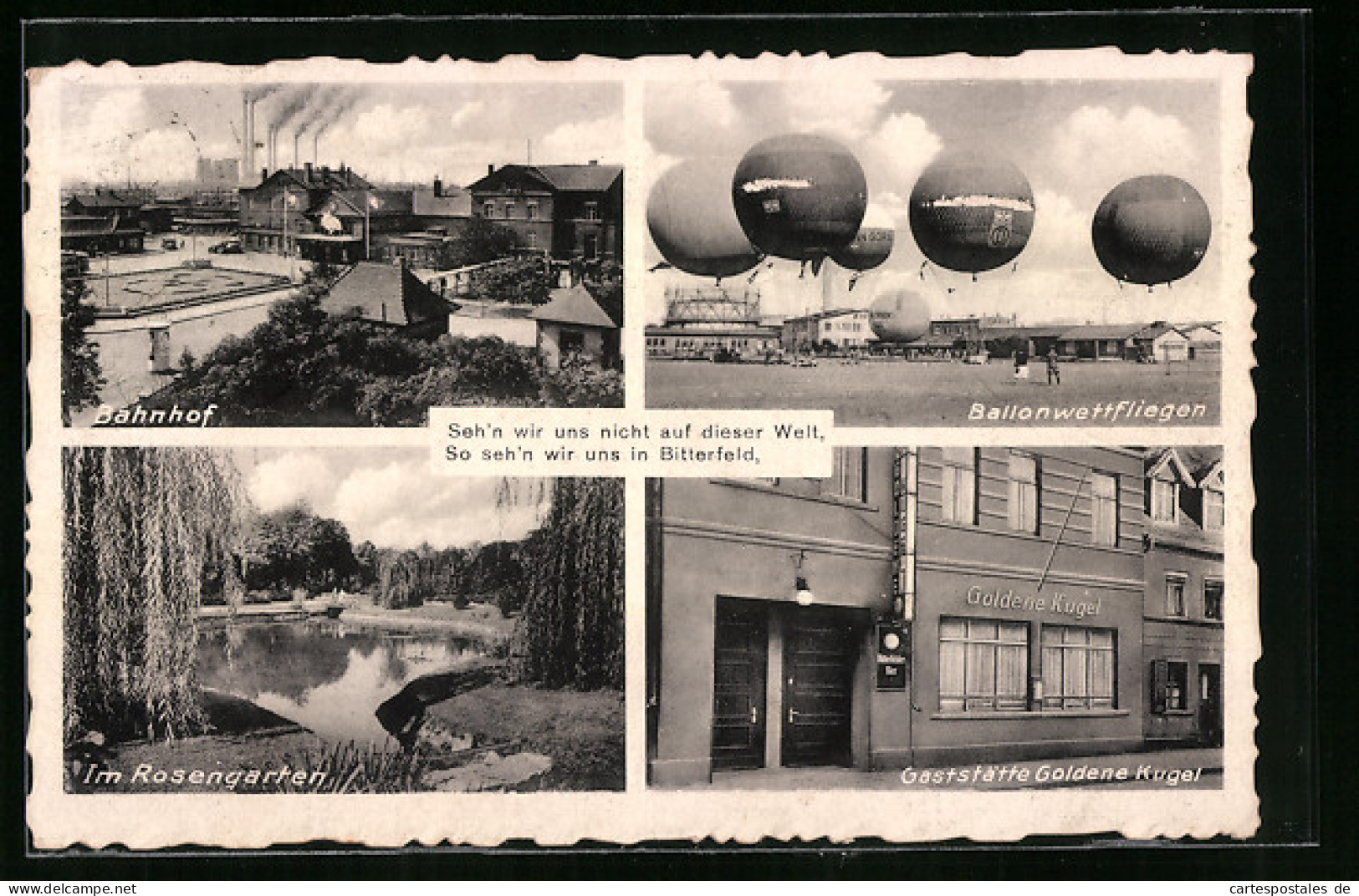 AK Bitterfeld, Ballonwettfliegen, Im Rosengarten, Bahnhof, Gasthaus Goldene Kugel  - Luchtballon