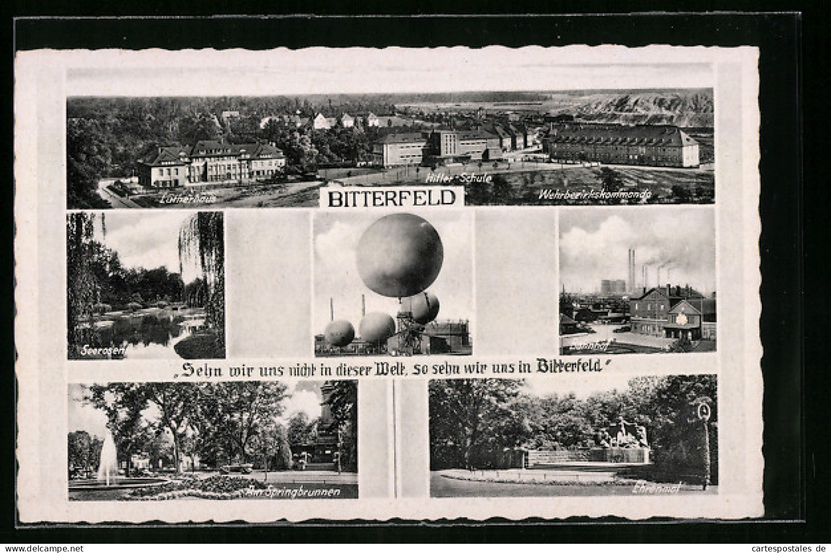 AK Bitterfeld, Ballone, Teilansicht, Wehrbezirkskommando, Bahnhof, Seerosenteich  - Fesselballons