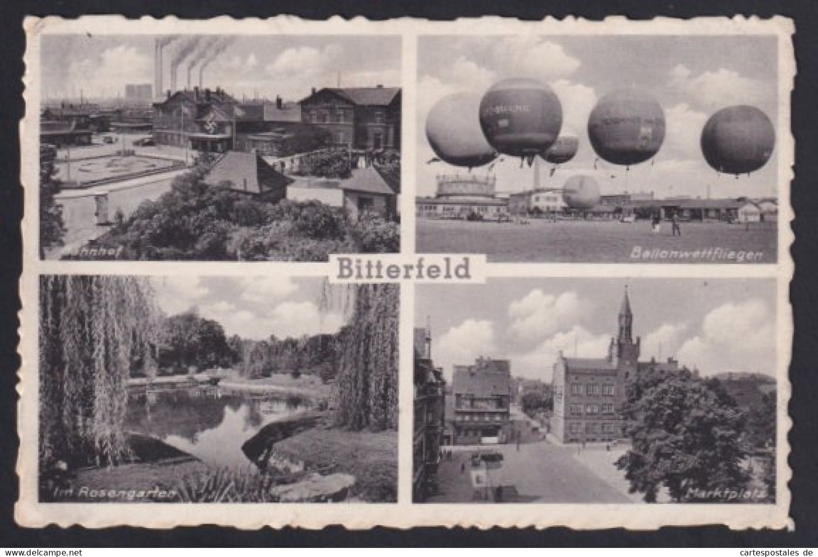 AK Bitterfeld, Ballonwettfliegen, Rosengarten, Bahnhof, Marktplatz  - Luchtballon
