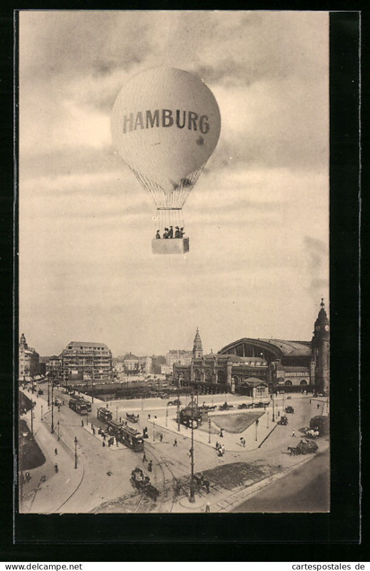 AK Hamburg, Ballon über Dem Bahnhof  - Fesselballons