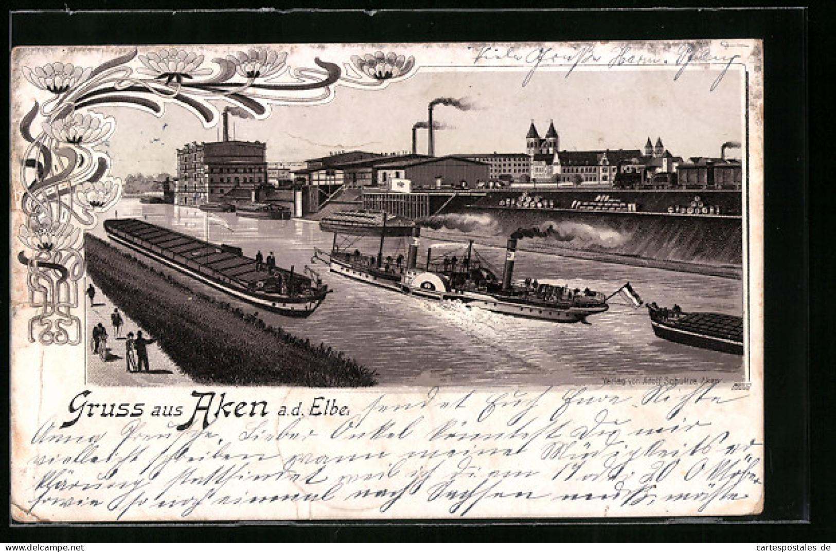 Lithographie Aken A. D. Elbe, Ortsansicht Mit Lastkähnen Und Raddampfer  - Aken