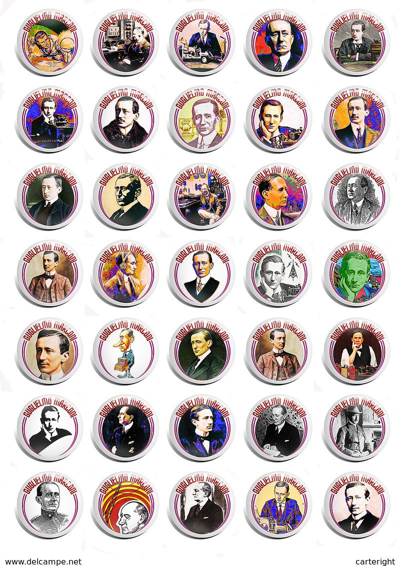 35 X Guglielmo Marconi BADGE BUTTON PIN SET  (1inch/25mm Diameter) - Beroemde Personen