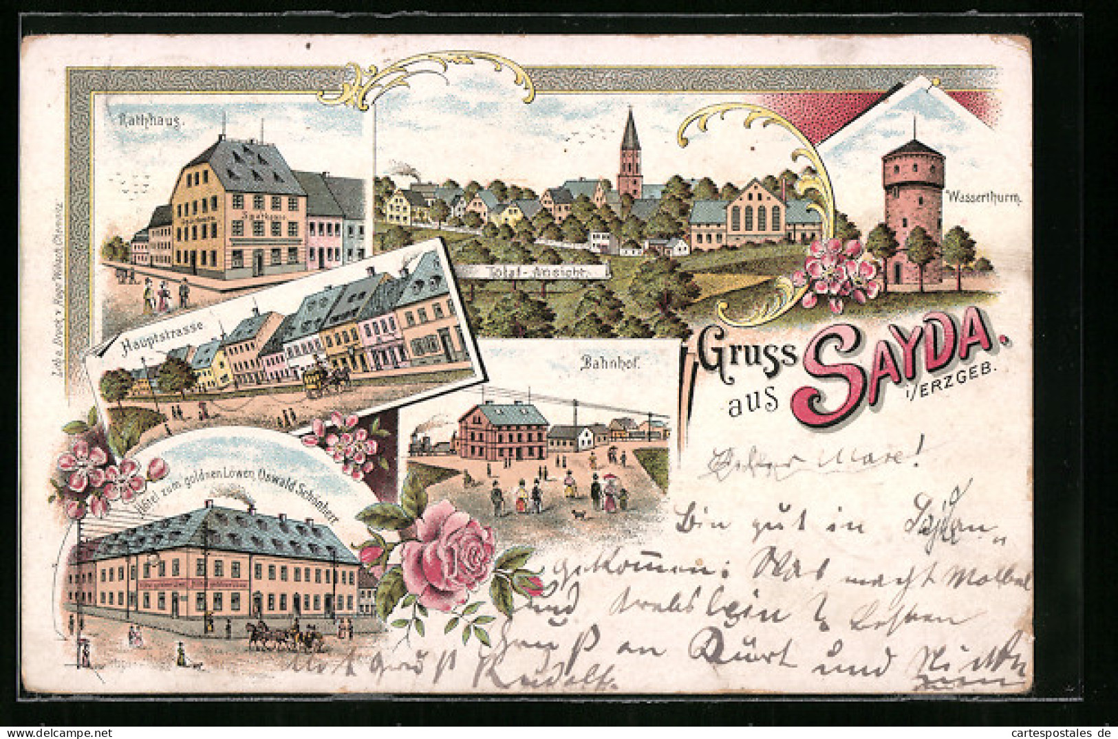 Lithographie Sayda I. Erzgeb., Hotel Zum Gold`nen Löwen, Rathaus, Hauptstrasse Und Wasserturm  - Sonstige & Ohne Zuordnung