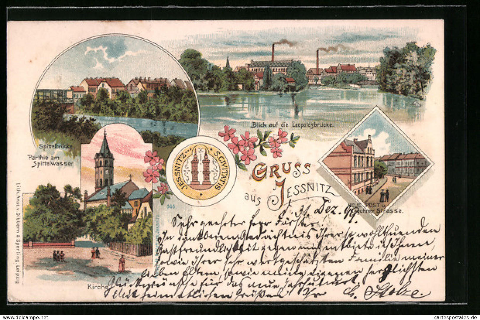 Lithographie Jessnitz I. A., Spittelbrücke, Kirche, Neue Post, Raguhner Strasse, Wappen  - Sonstige & Ohne Zuordnung