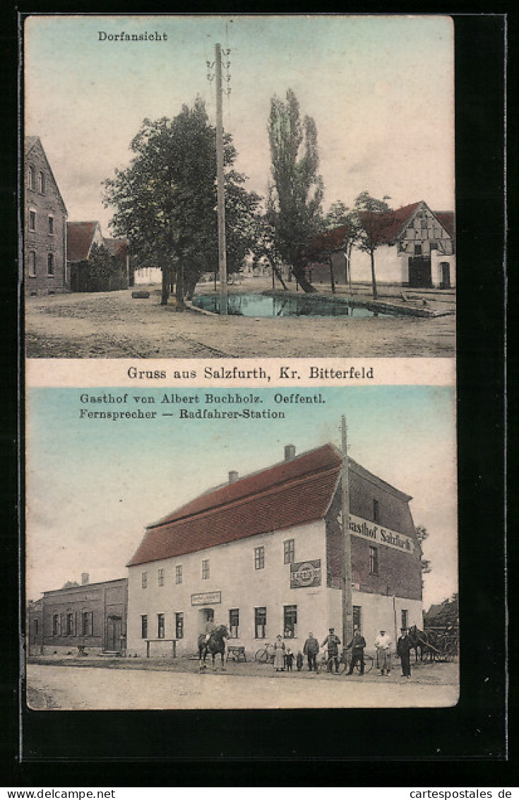 AK Salzfurth B. Bitterfeld, Gasthof Von Albert Buchholz Mit Radfahrer-Station, Dorfansicht  - Bitterfeld