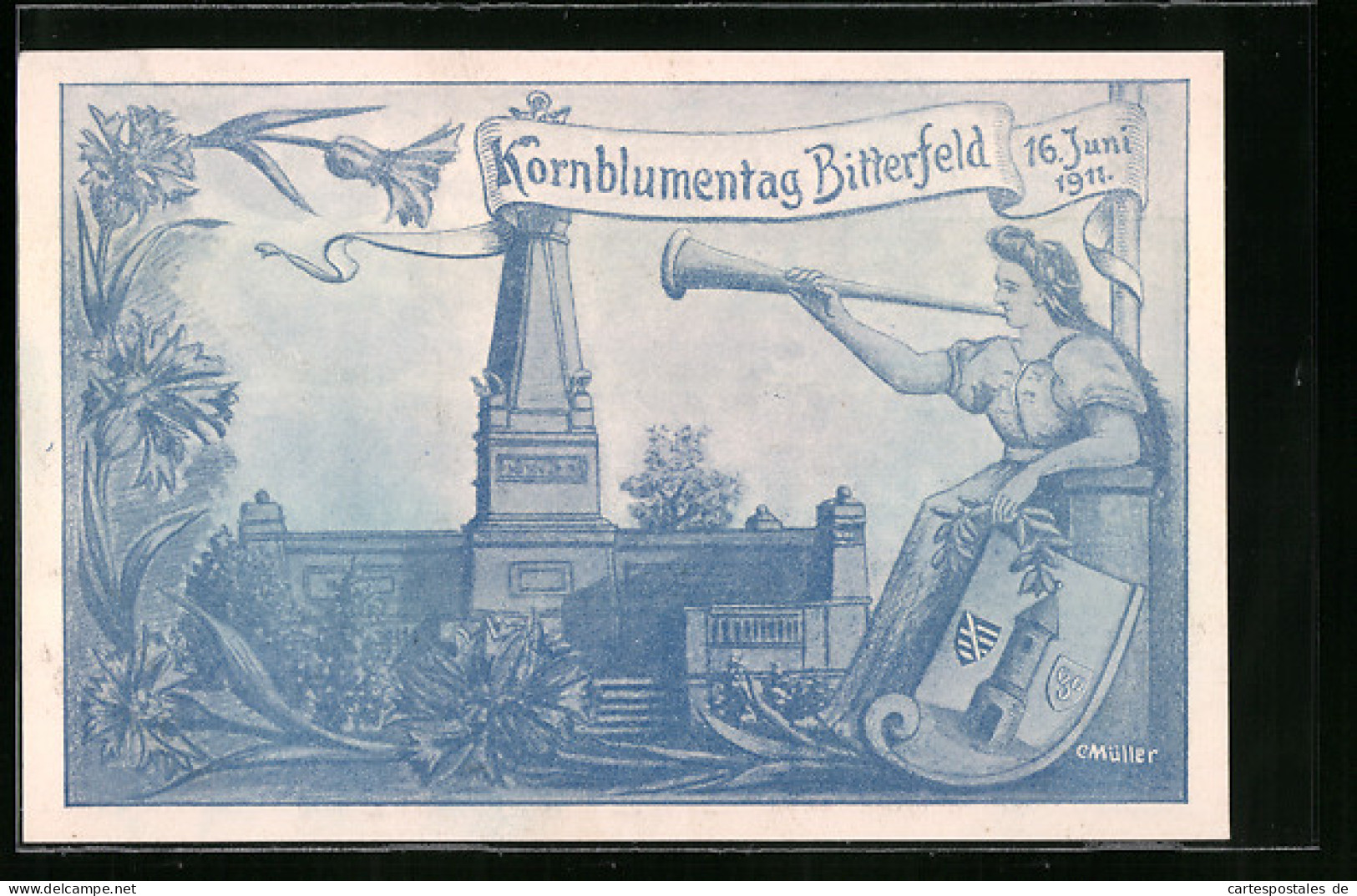 Künstler-AK Bitterfeld, Kornblumentag 1911, Denkmal Und Frau Mit Fanfare U. Wappen  - Bitterfeld