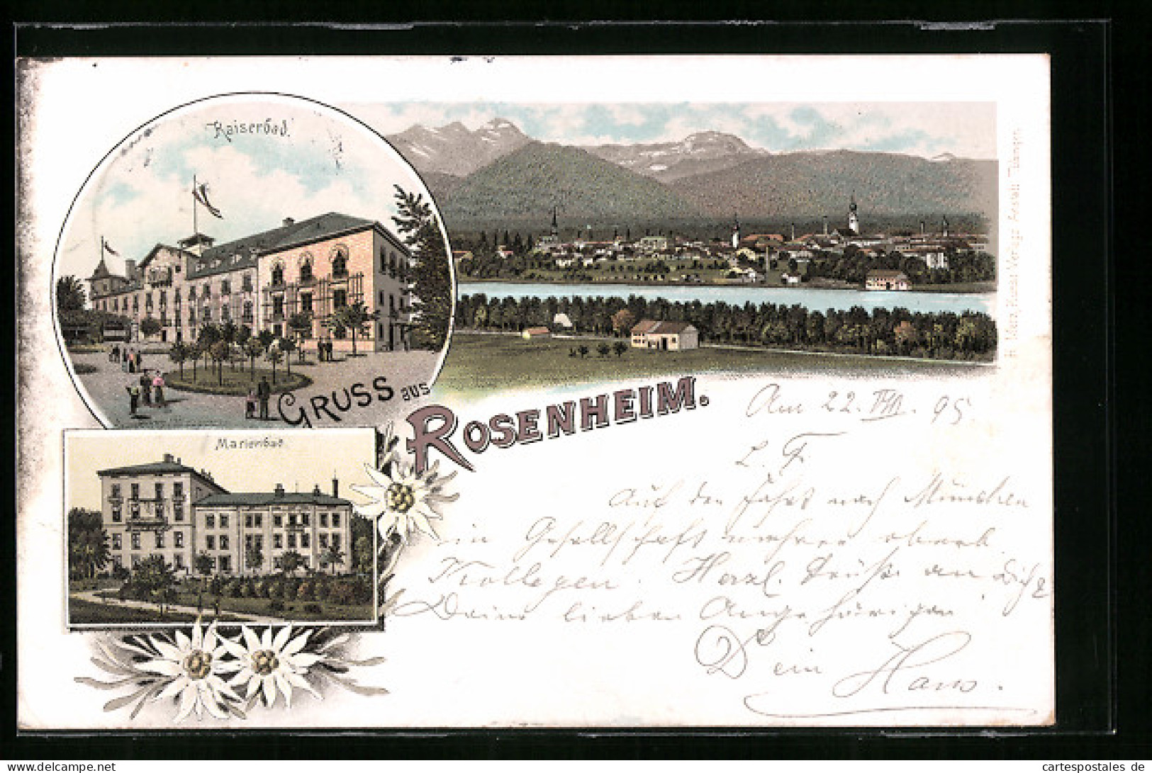 Vorläufer-Lithographie Rosenheim, 1895, Hotel Kaiserbad, Marienbad, Teilansicht  - Rosenheim