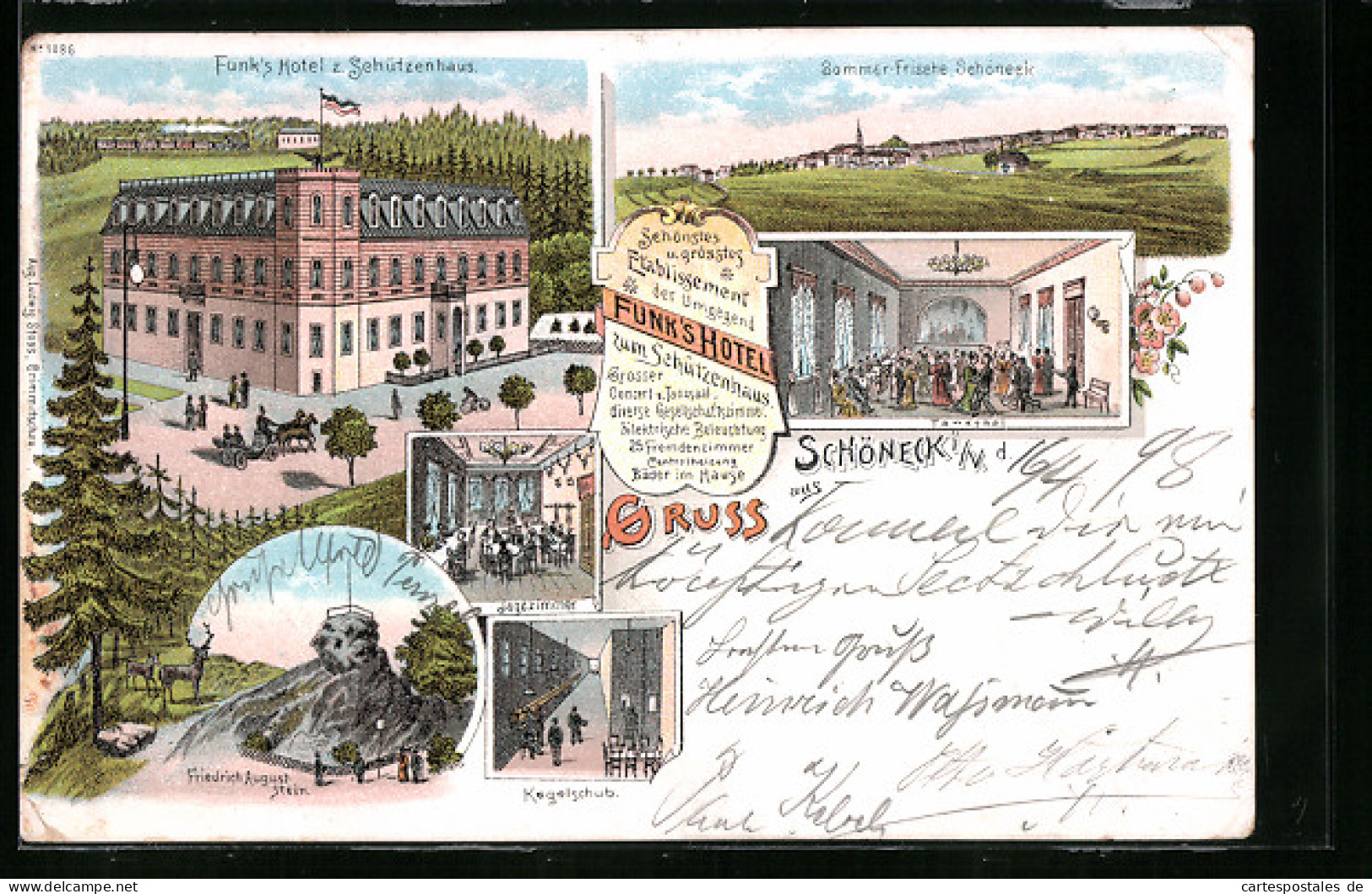 Lithographie Schöneck I. V., Funk`s Hotel Zum Schützenhaus, Innenansichten Tanzsaal Und Jagdzimmer  - Autres & Non Classés