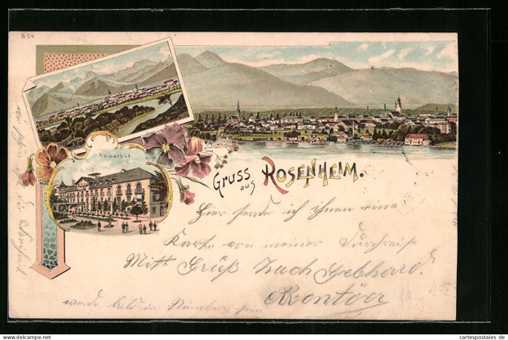 Lithographie Rosenheim, Hotel Kaiserbad, Teilansicht, Panorama  - Rosenheim