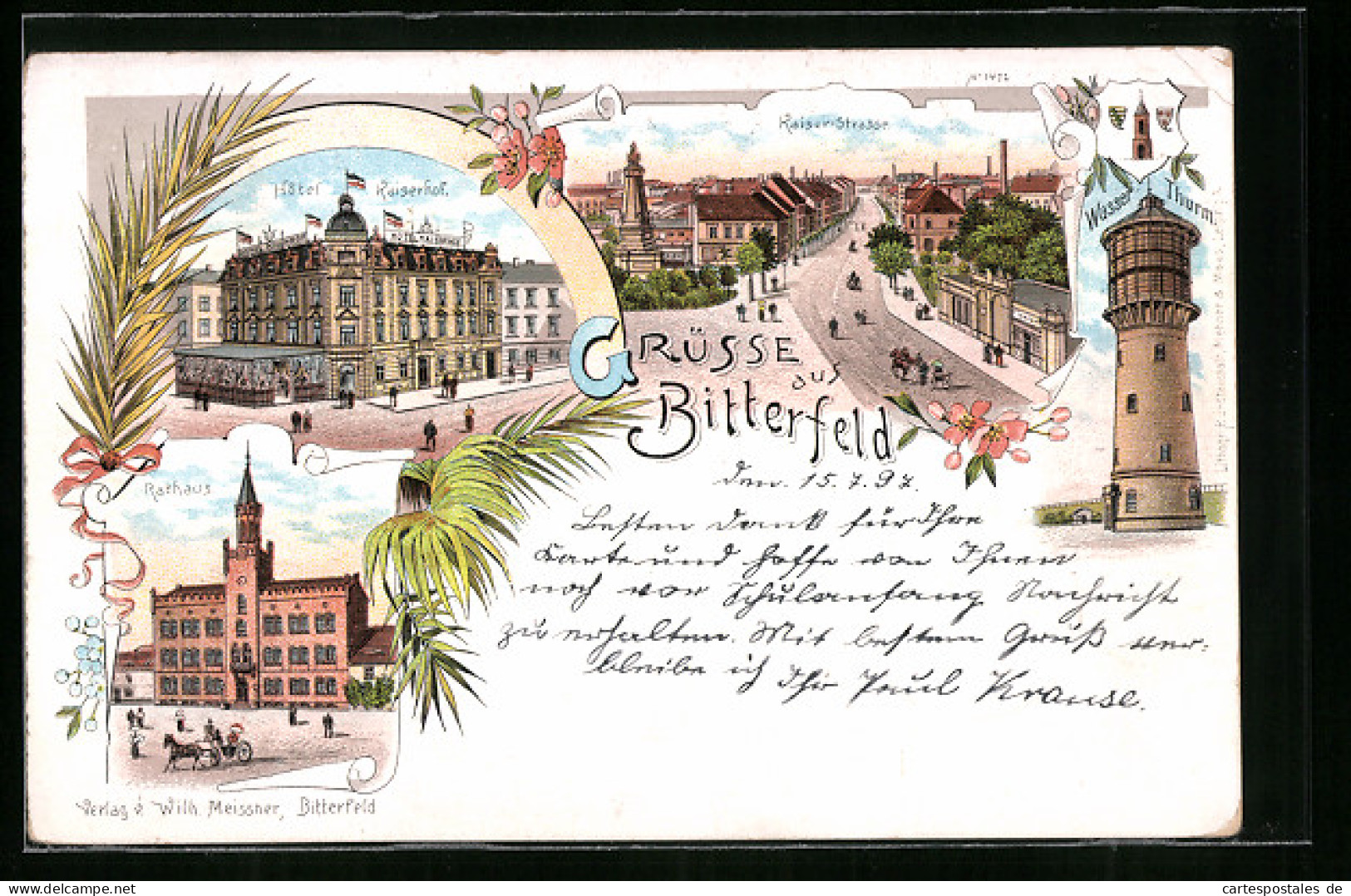 Lithographie Bitterfeld, Hotel Kaiserhof, Kaiser-Strasse, Rathaus  - Bitterfeld