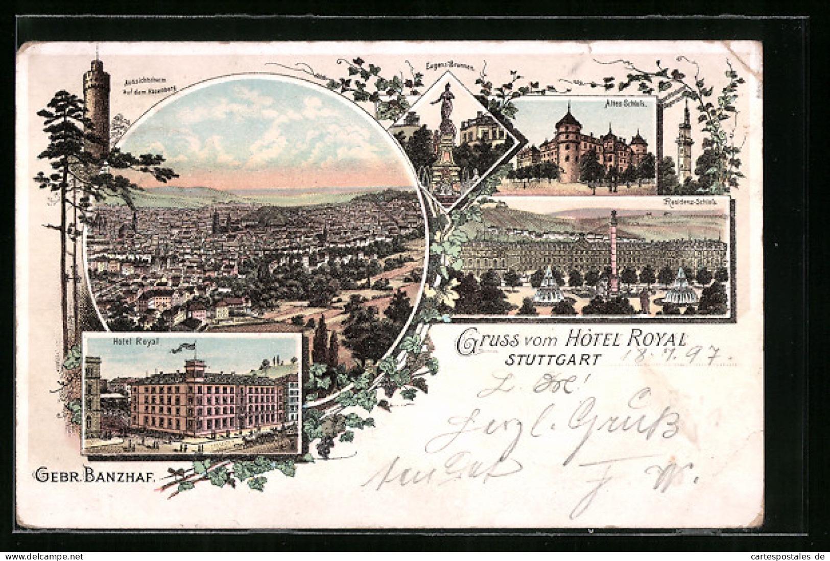 Lithographie Stuttgart, Hotel Royal, Residenz-Schloss, Eugens-Brunnen Und Gesamtansicht  - Stuttgart