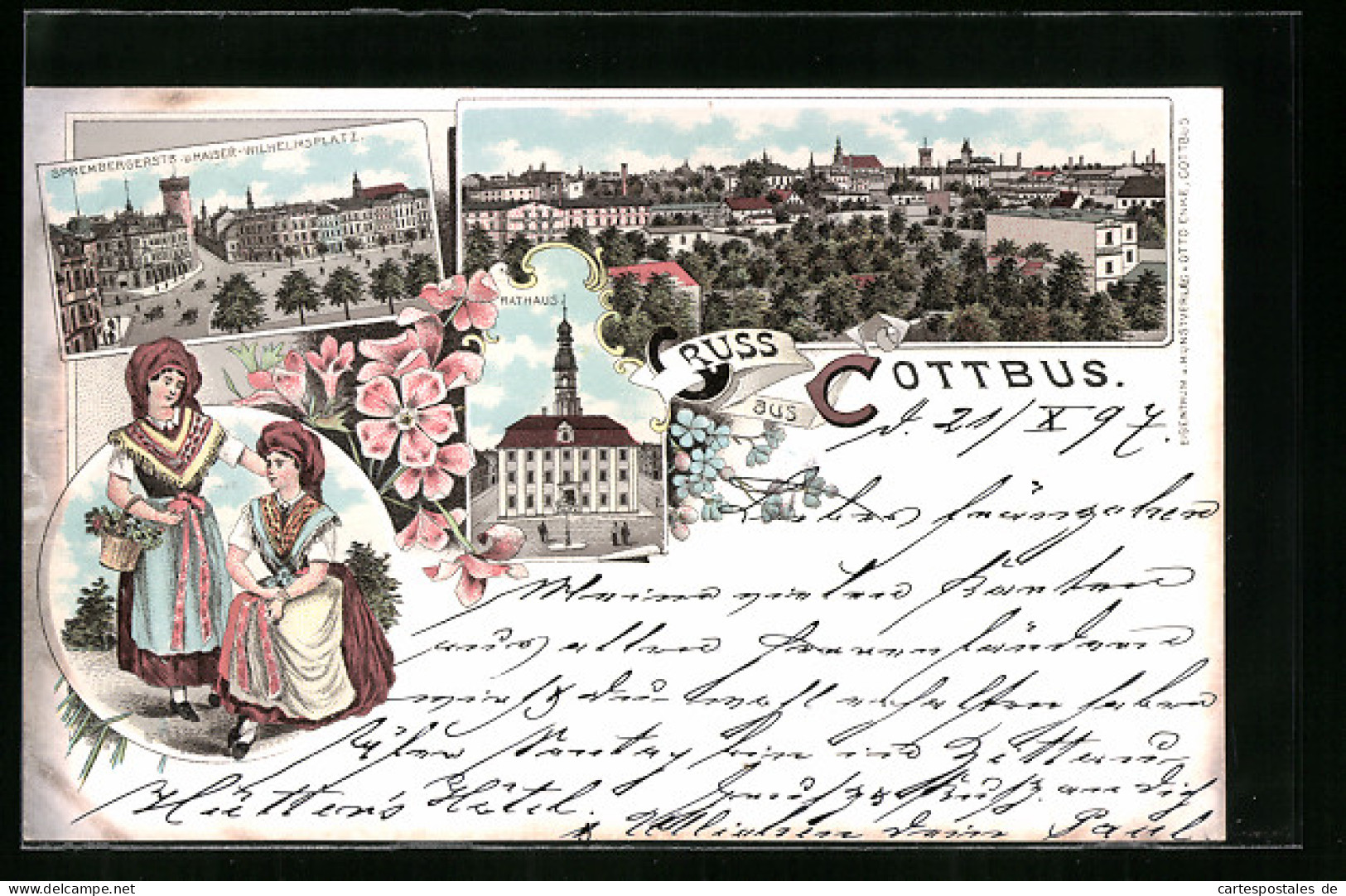 Lithographie Cottbus, Sprembergerstrasse Und Kaiser Wilhelmsplatz, Rathaus, Panorama  - Spremberg