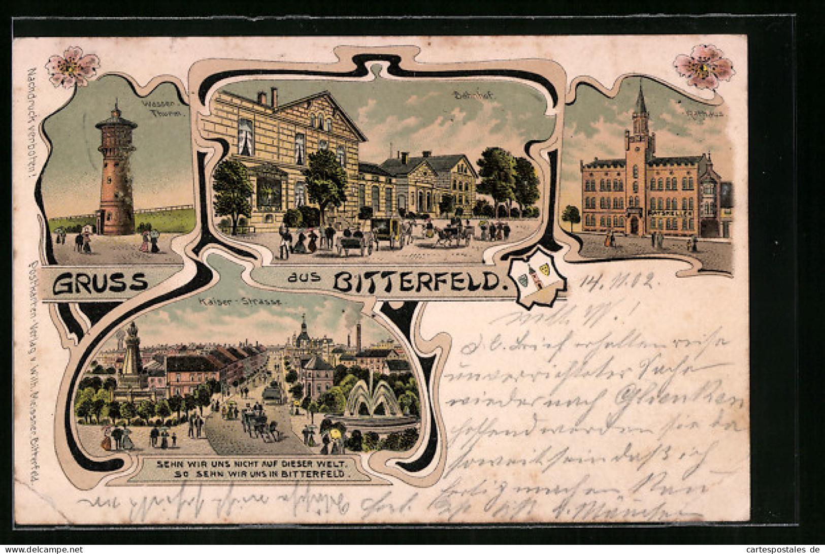 Lithographie Bitterfeld, Wasserturm, Bahnhof, Rathaus Und Kaiserstrasse  - Bitterfeld