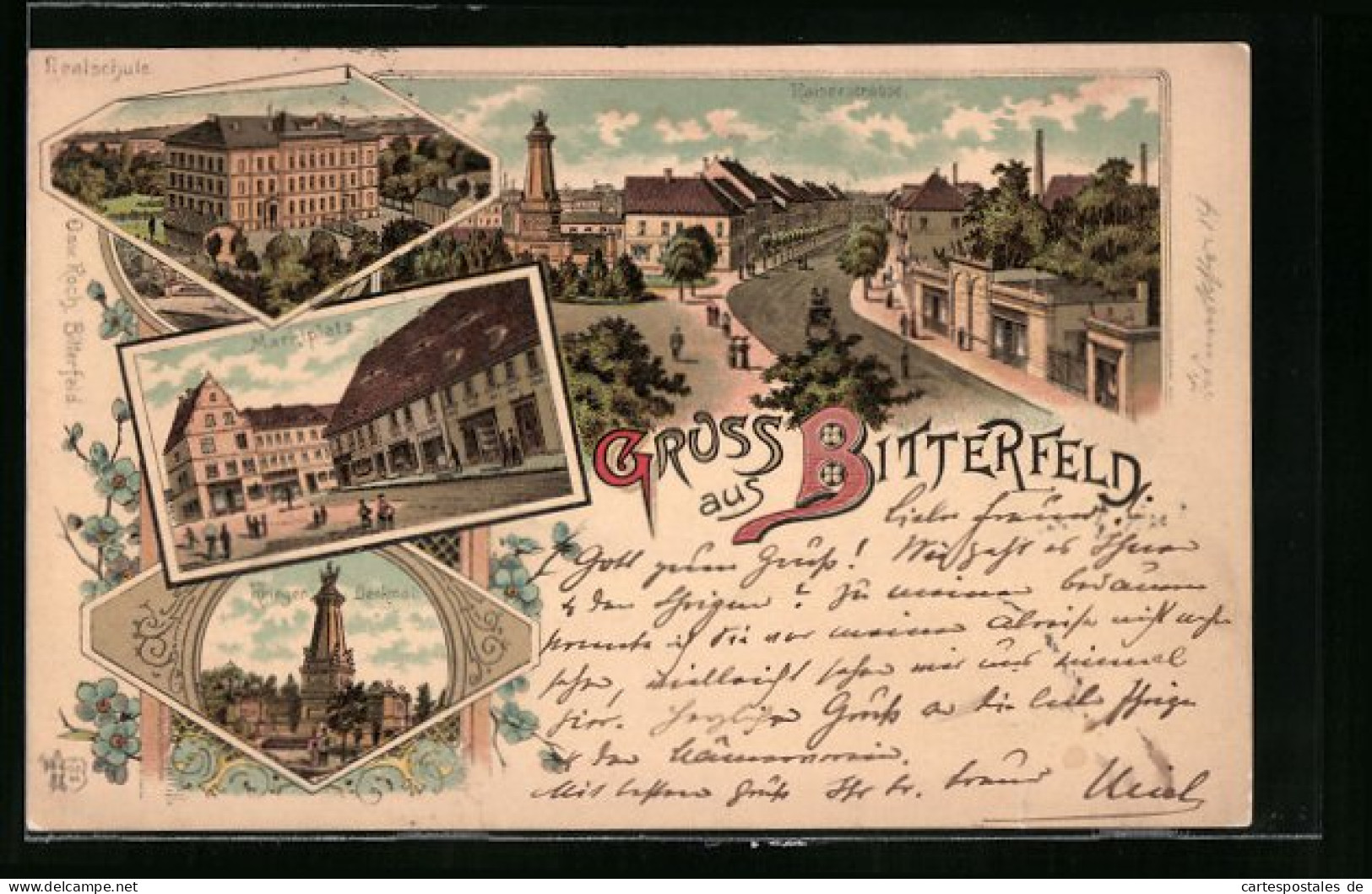 Lithographie Bitterfeld, Realschule, Marktplatz, Krieger-Denkmal  - Bitterfeld