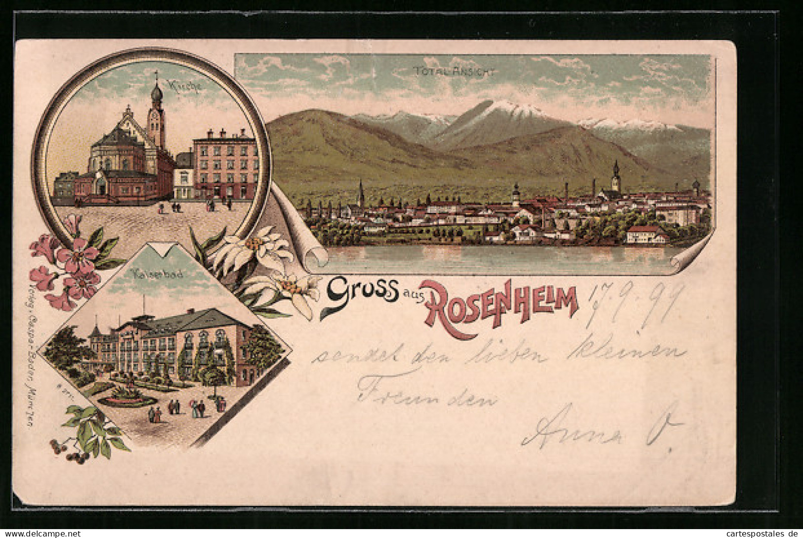 Lithographie Rosenheim, Hotel Kaiserbad, Kirche, Teilansicht  - Rosenheim