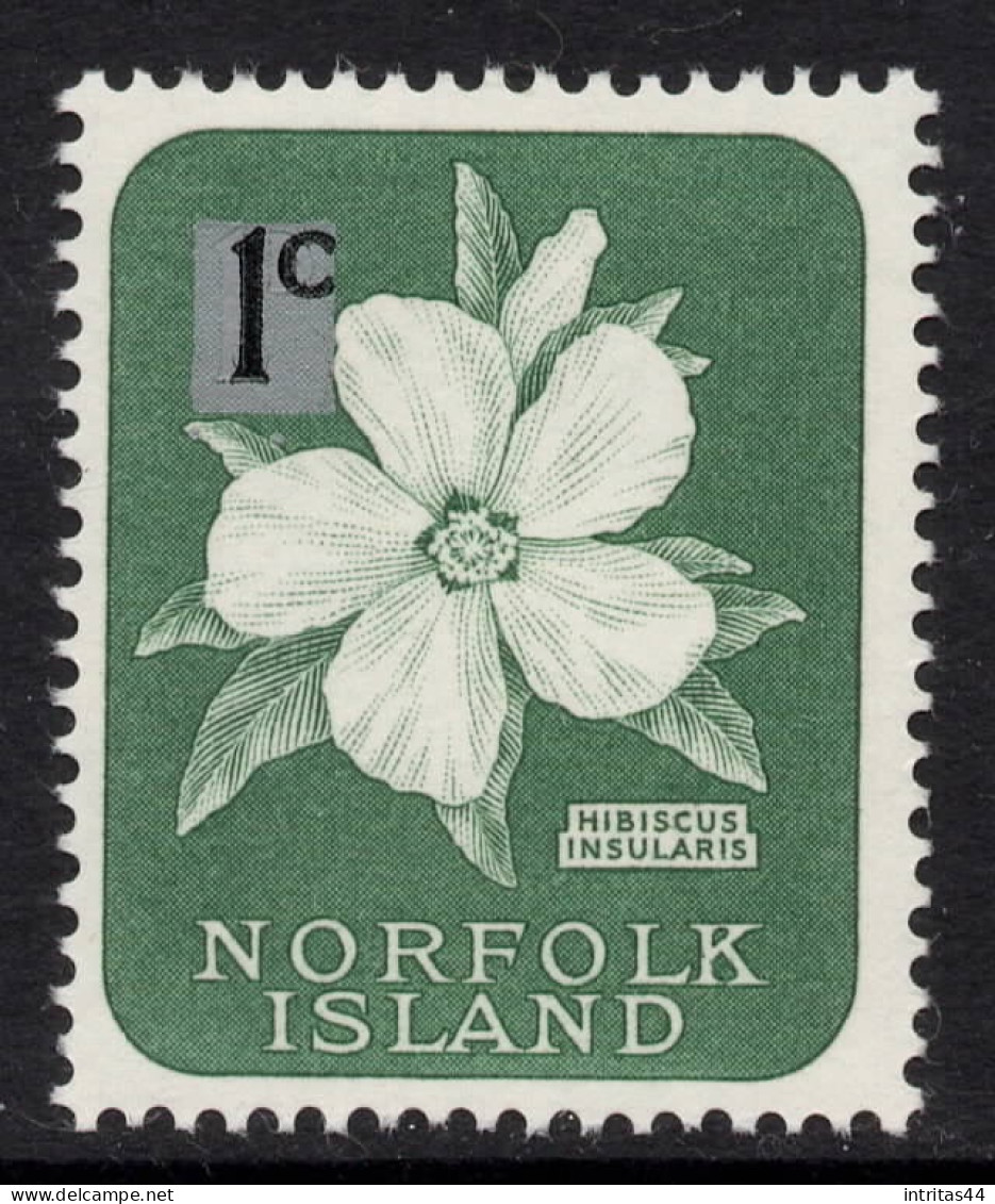 NORFOLK ISLAND 1966 SURCH DECIMAL CURRENCY "1c ON 1d BLUISH-GREEN "HIBISCUS INSULARIS   MNH - Norfolk Island