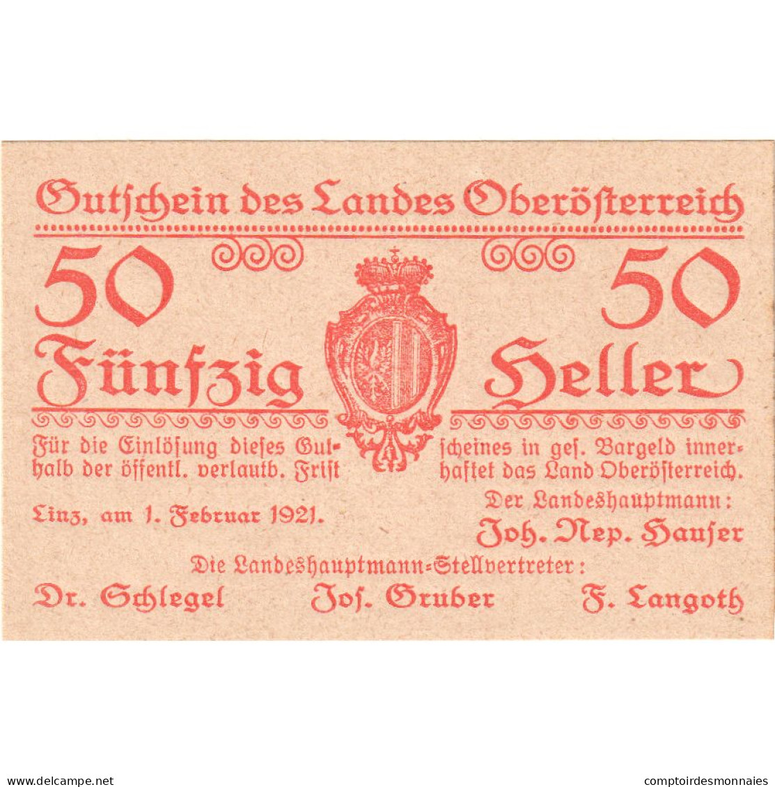 Autriche, Oberösterreich O.Ö. Land, 50 Heller, N.D, 1921, 1921-02-01, NEUF - Autriche