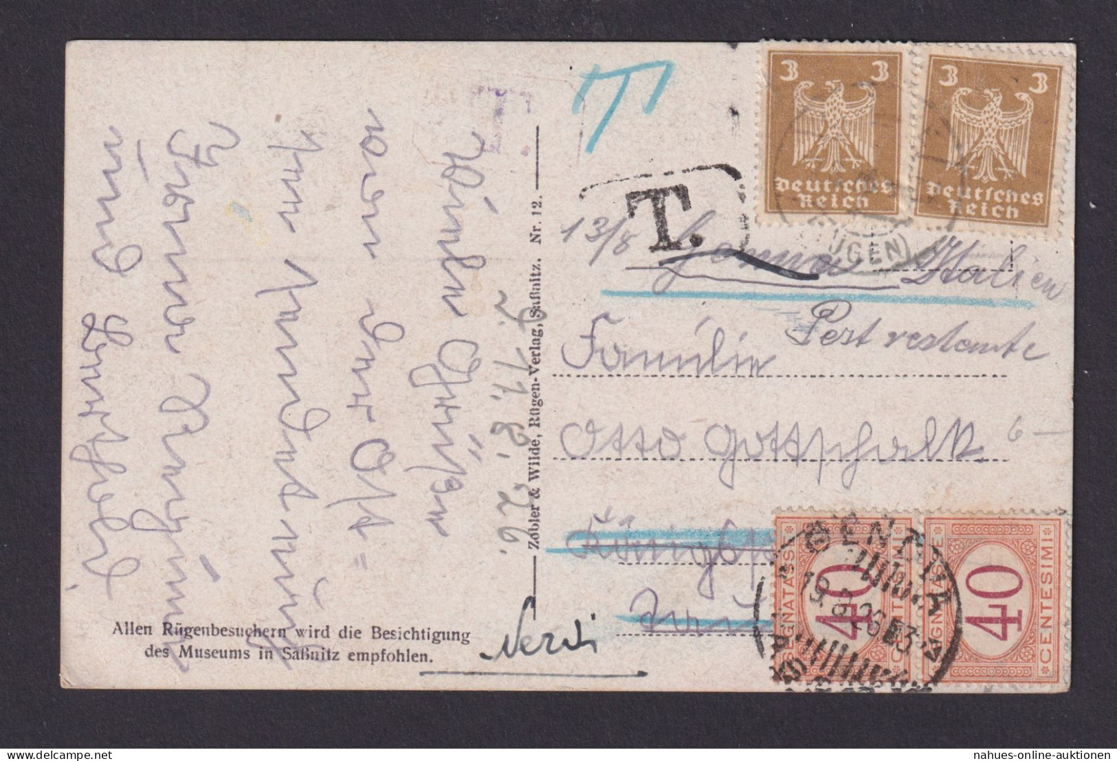 Briefmarken Deutsches Reich Brief Reichsadler + Portomarke Nachgebühr Italien - Cartas & Documentos