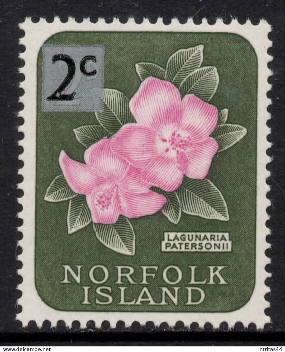 NORFOLK ISLAND 1966 SURCH DECIMAL CURRENCY "2c ON 2d ROSE AND MYRTLE GREEN "LAGUNARIA  PATERSONii " STAMP  MNH - Norfolk Island