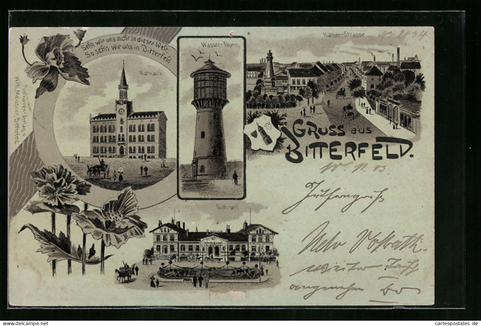 Mondschein-Lithographie Bitterfeld, Rathaus, Bahnhof, Wasser-Turm  - Bitterfeld