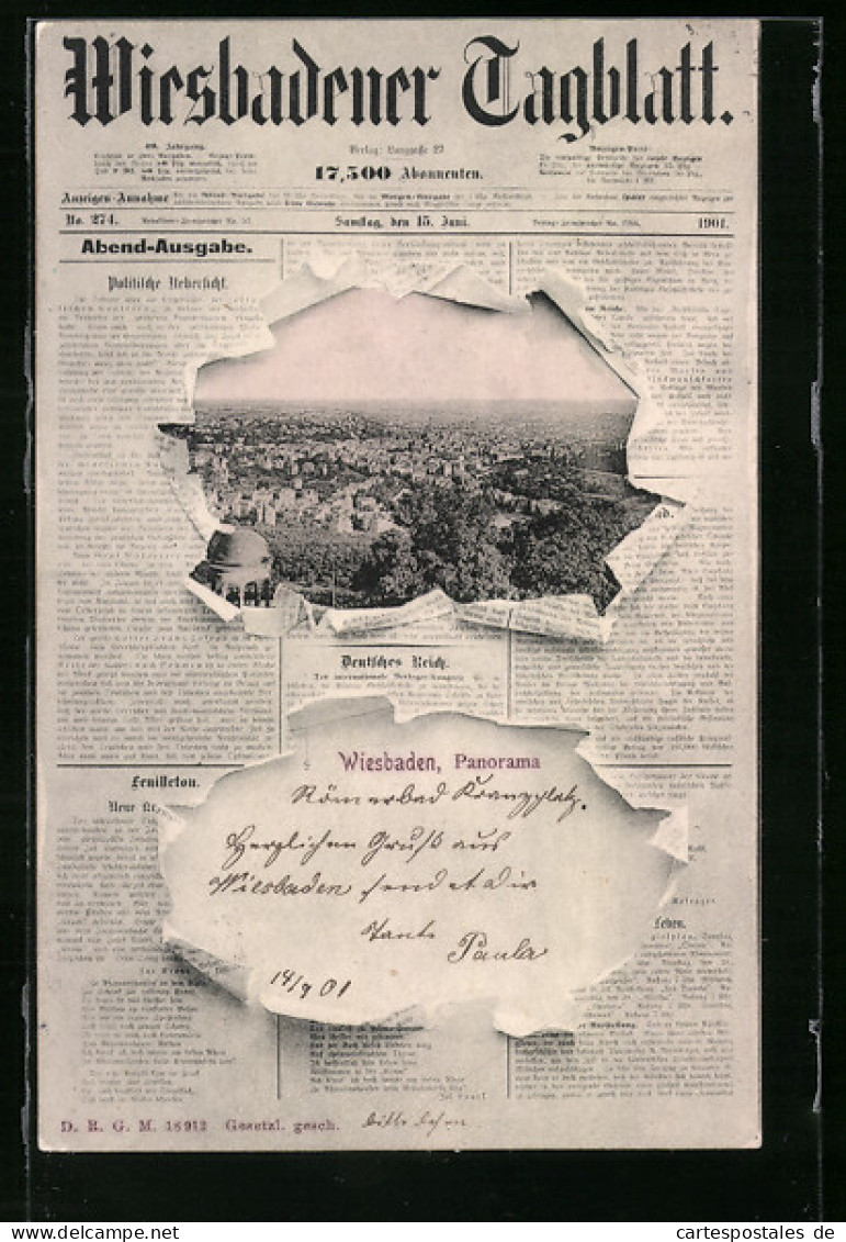 AK Wiesbaden, Teilansicht Durch Zerrissene Zeitung Wiesbadener Tageblatt 1901  - Autres & Non Classés