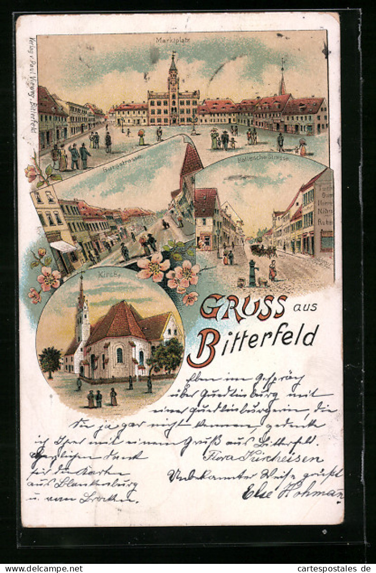 Lithographie Bitterfeld, Hallesche Strasse, Marktplatz, Burgstrasse  - Bitterfeld