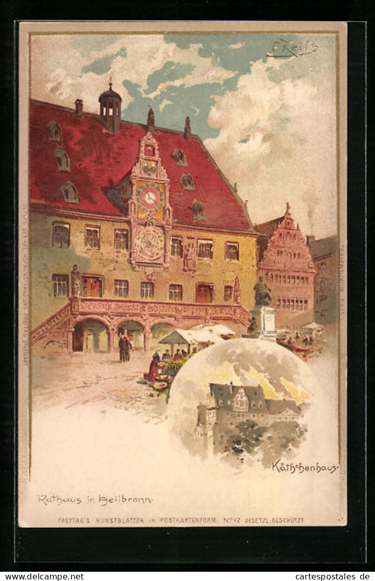 Lithographie Heilbronn, Käthchenhaus, Rathaus  - Heilbronn