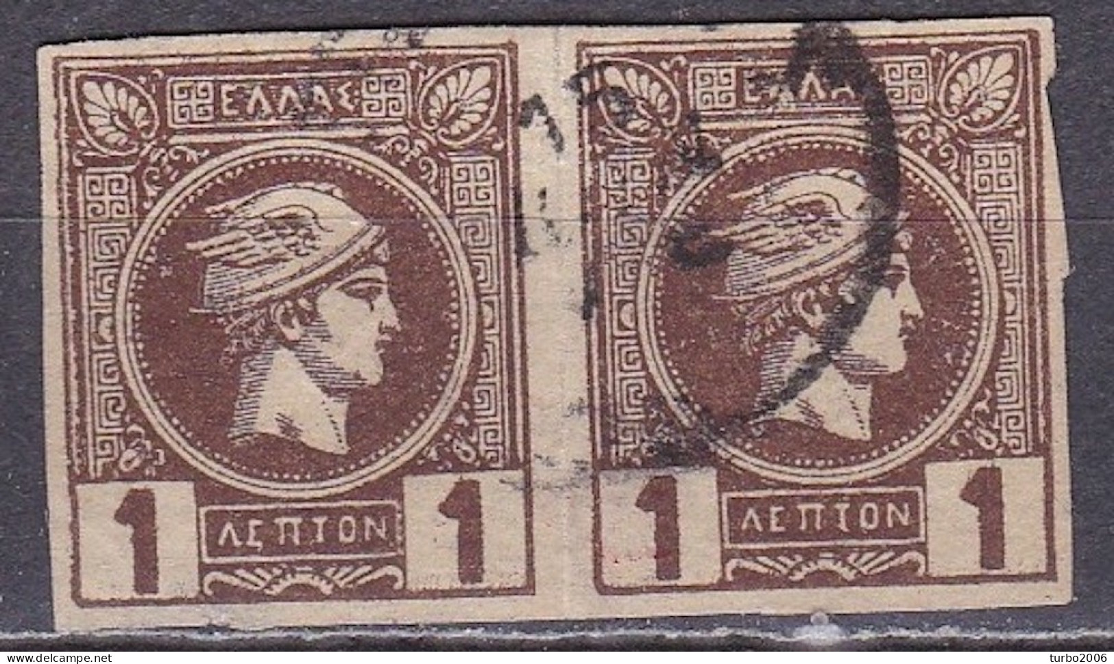 GREECE 1889-1891 Small Hermes Heads Athens Print 1 L Chocolate Imperforated Pair Vl. 88 D With WM - Oblitérés