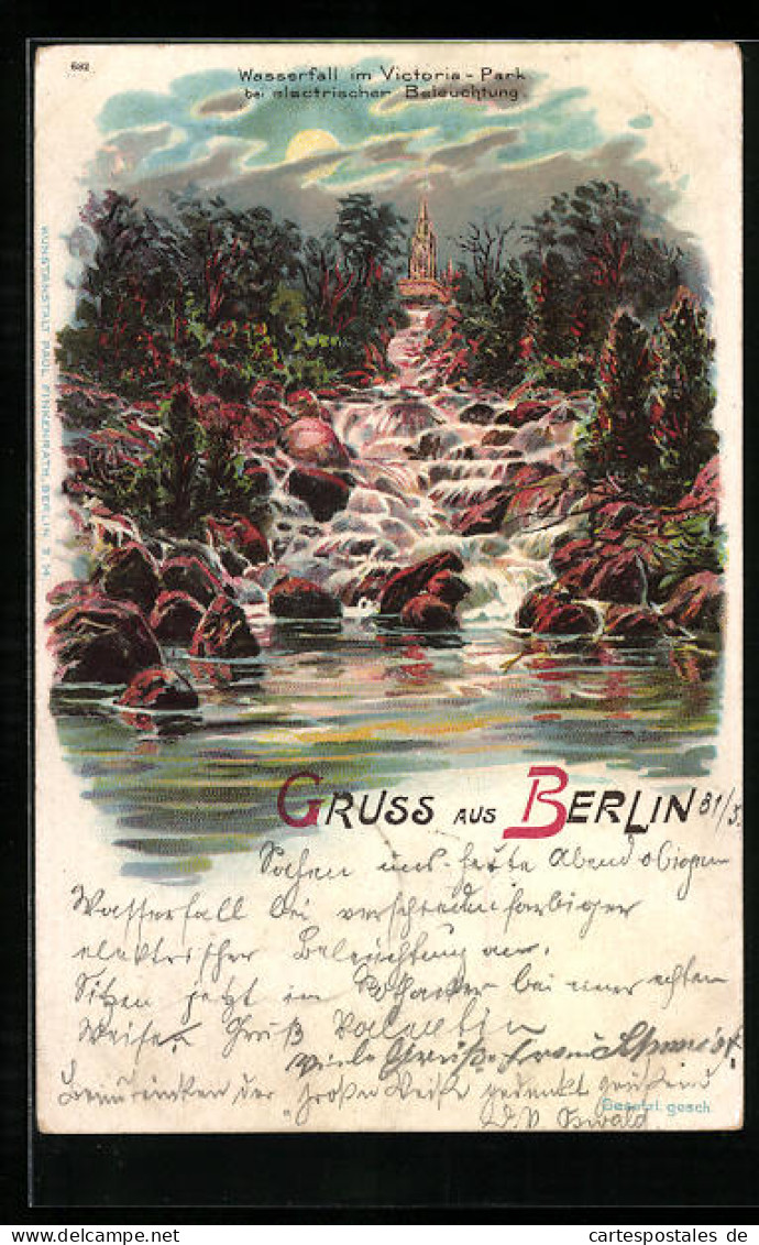 Lithographie Berlin-Kreuzberg, Wasserfall Im Victoria-Park Bei Elektrischer Beleuchtung  - Kreuzberg