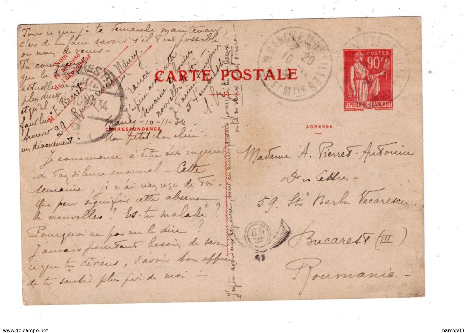 France Entier Postal 90 C Rouge Type Paix Pour La Roumanie De Nancy 10/11/1934 TTB - 1921-1960: Moderne