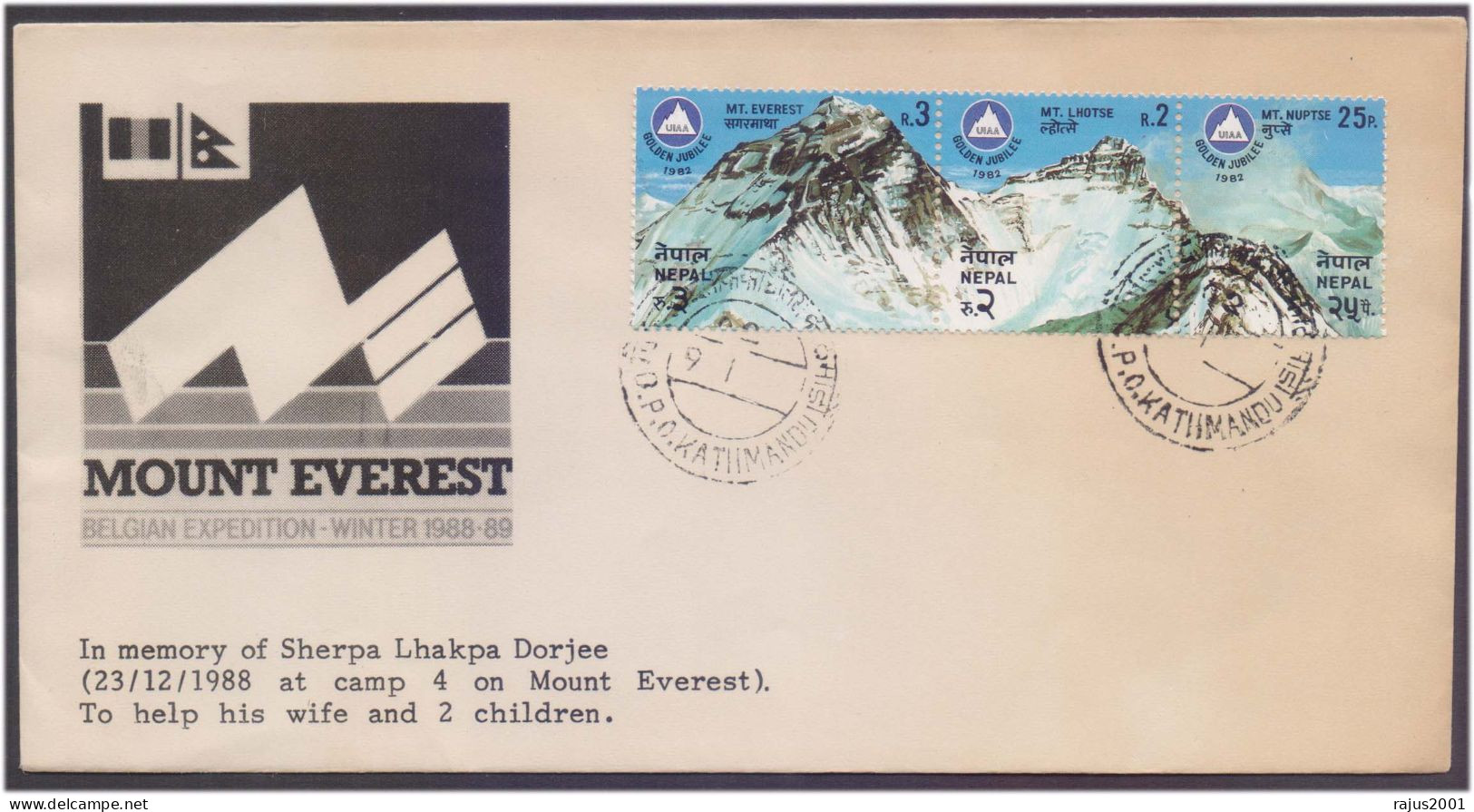 In Memory Of Sherpa Lhakpa Dorjee 23/12/1988 At Camp 4 On Mount Everest To Help His Wife And 2 Children, Nepal FDC - Klimmen