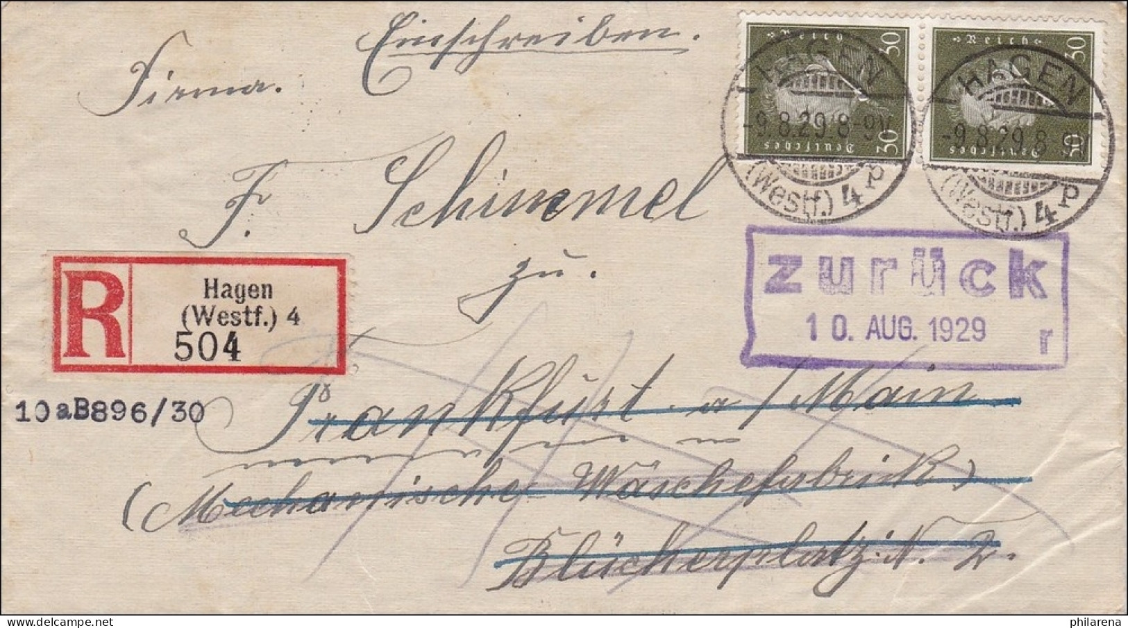 Weimar:  Brief Von Hagen Nach Frankfurt Und Zurück Als Einschreiben - Cartas & Documentos