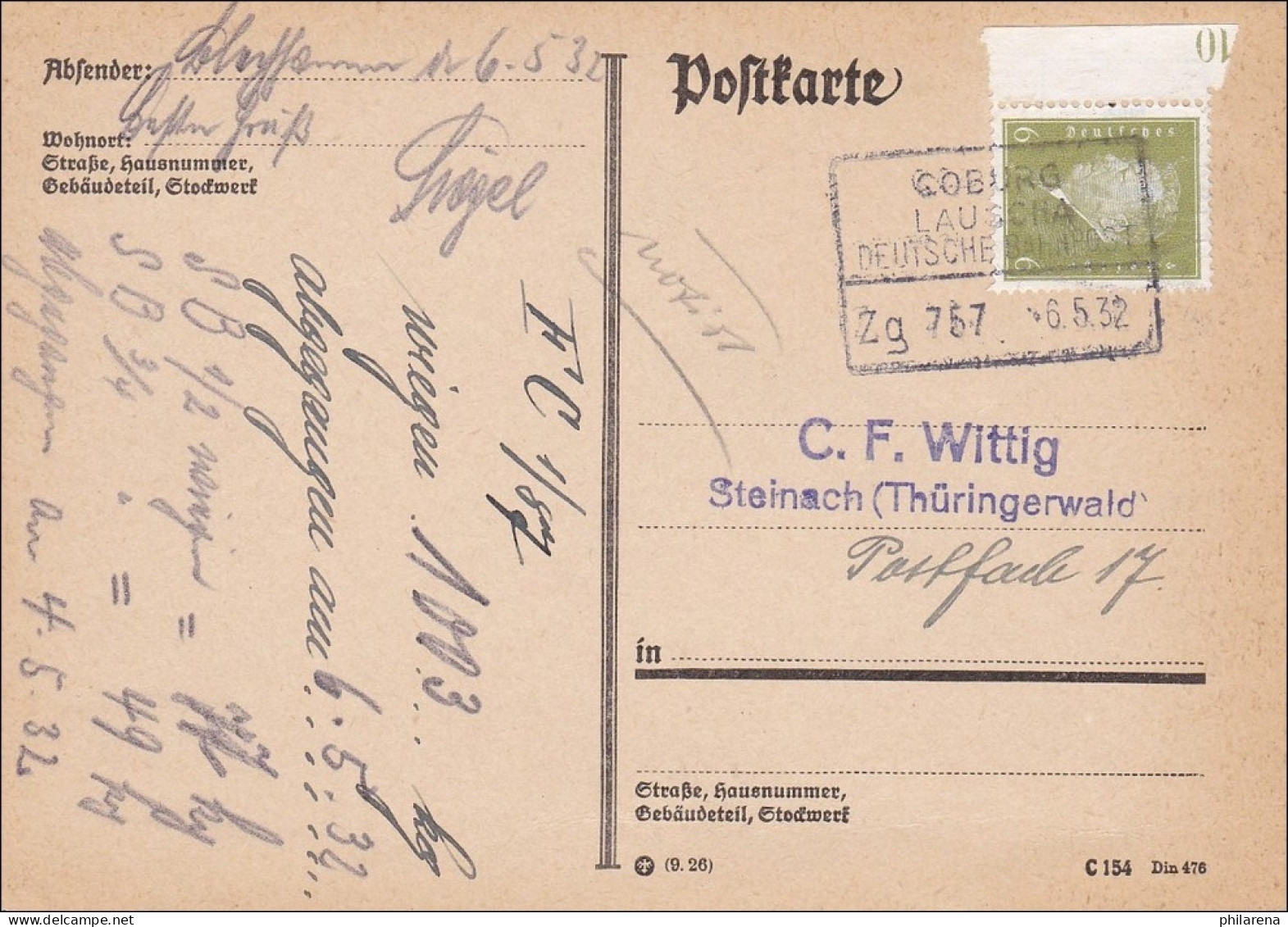 Weimar:  Postkarte Von Coburg -Lauscha Nach Steinach 1932 - Briefe U. Dokumente