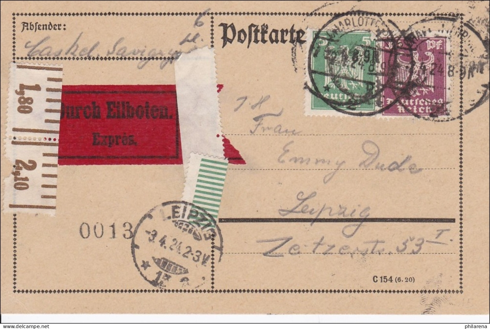 Weimar:  Postkarte Als Eilboten Von Leipzig 1924 - Cartas & Documentos