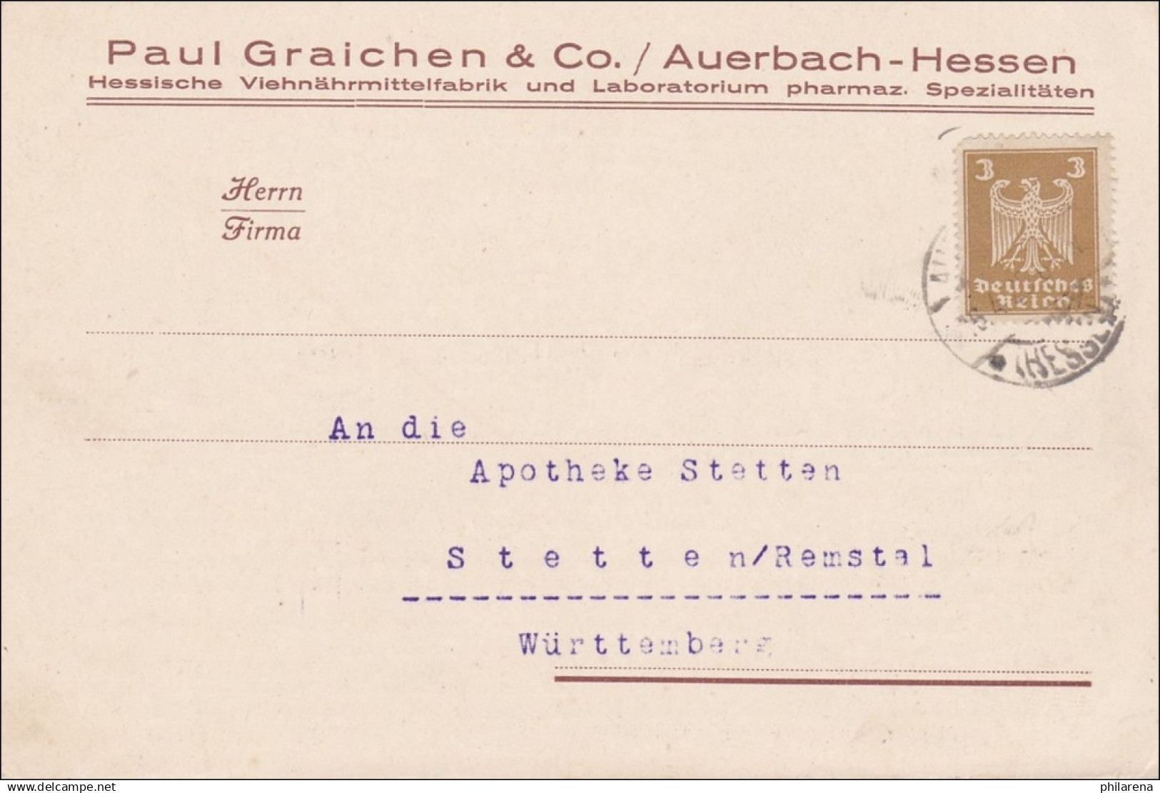 Weimar:  Drucksachenkarte Von Auerbach Nach Stetten/Remstal - Covers & Documents