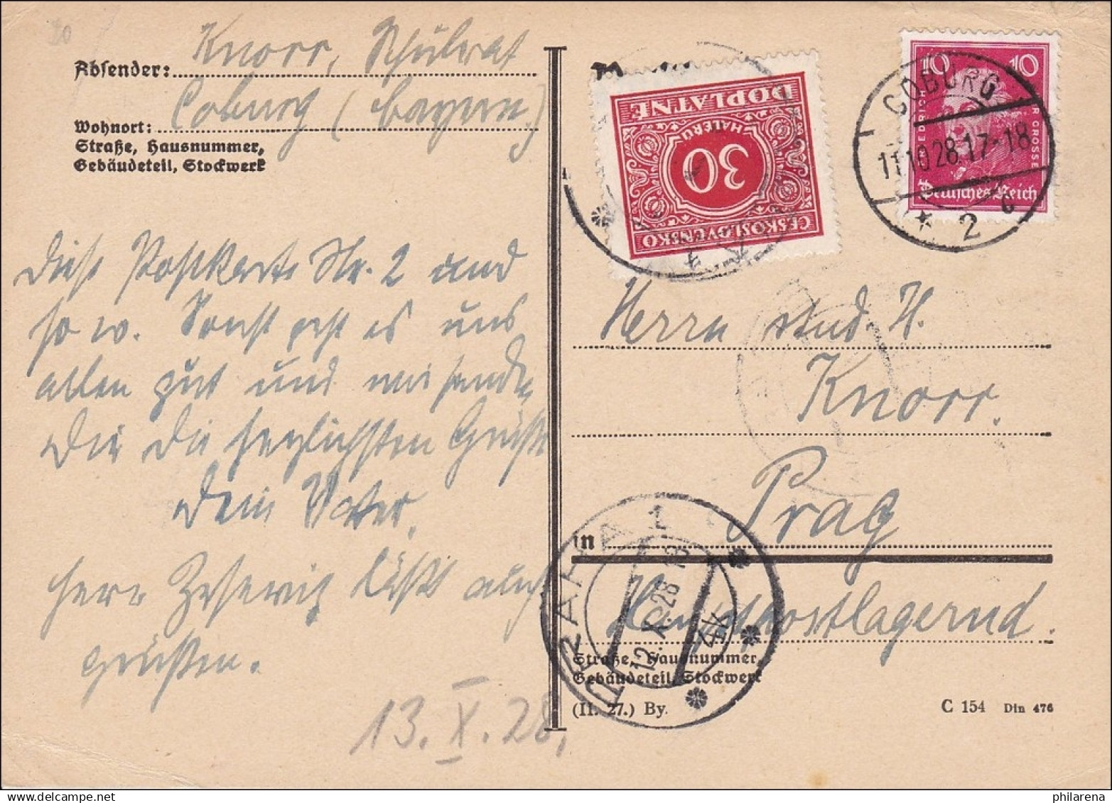 Weimar:  Postkarte Von Coburg Nach Prag Mit Nachgbühr 1928 - Briefe U. Dokumente